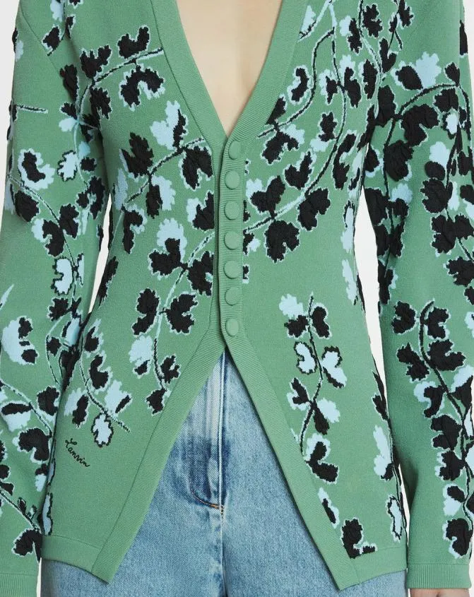 Women Knitwear Lanvin Tailored Jacquard Cardigan Vert De Gris Women Knitwear Lanvin Tailored Jacquard Cardigan Vert De Gris