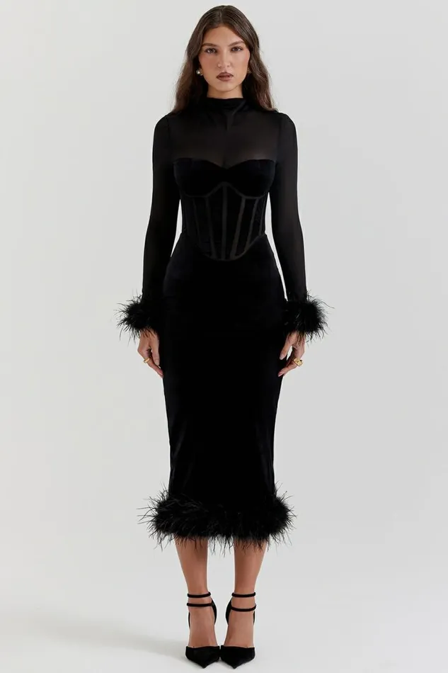 Women Lianna Black Velvet Midi Dress House Of CB Dresses