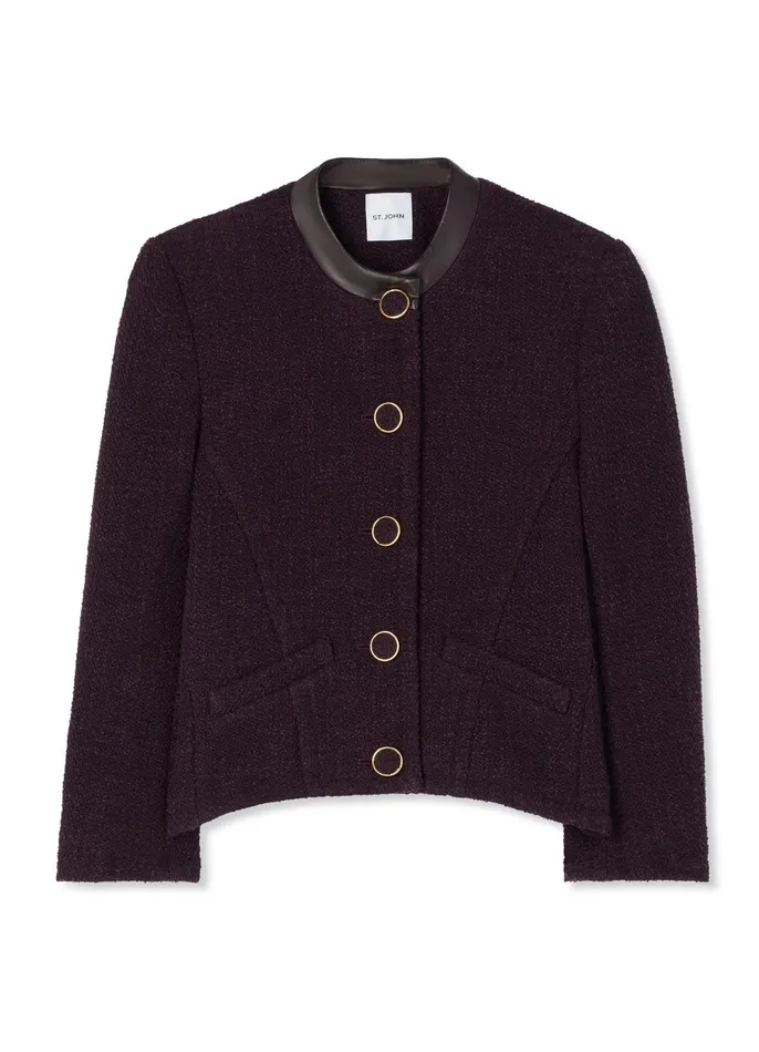 Women Light Jackets St John Terry Tweed And Leather Jacket Aubergine