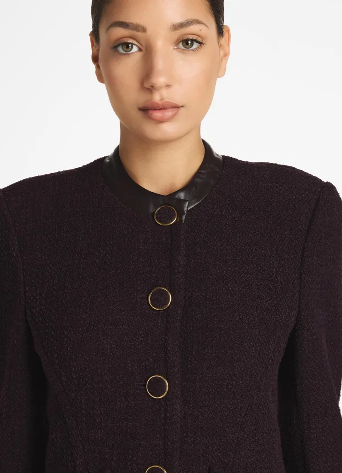 Women Light Jackets St John Terry Tweed And Leather Jacket Aubergine Women Light Jackets St John Terry Tweed And Leather Jacket Aubergine