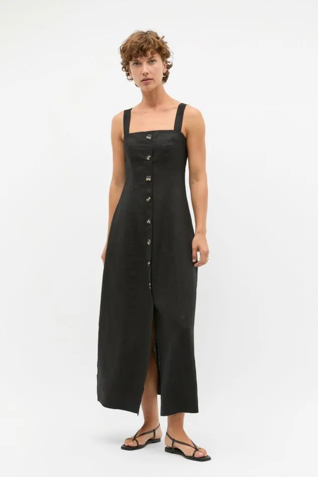 Women Linen Seed Heritage Linen Square Neck Button Midi Dress Black