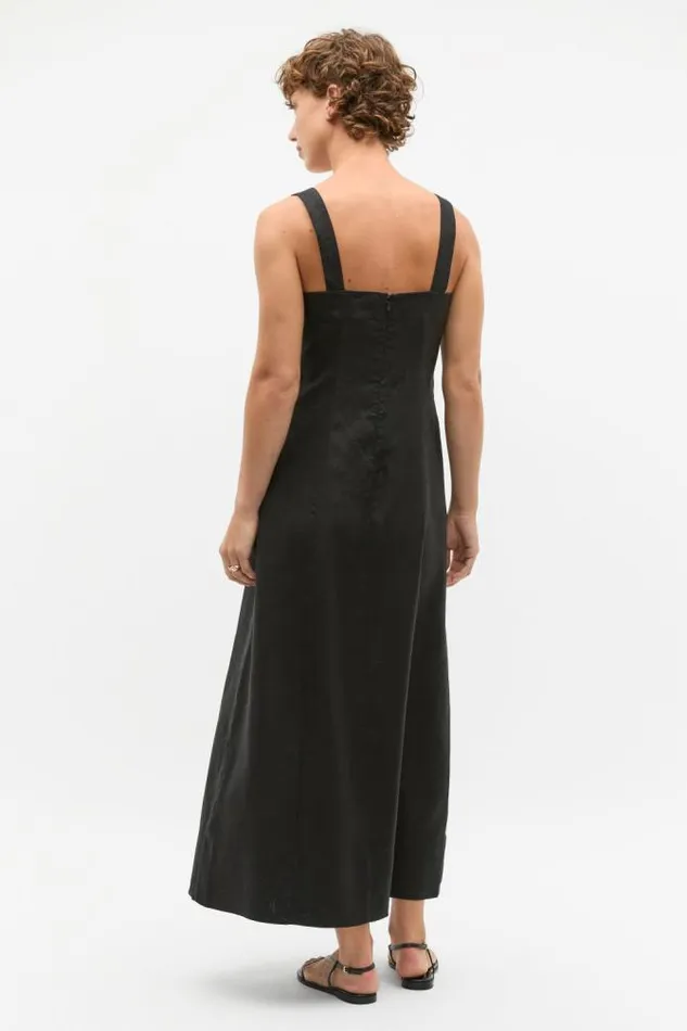 Women Linen Seed Heritage Linen Square Neck Button Midi Dress Black