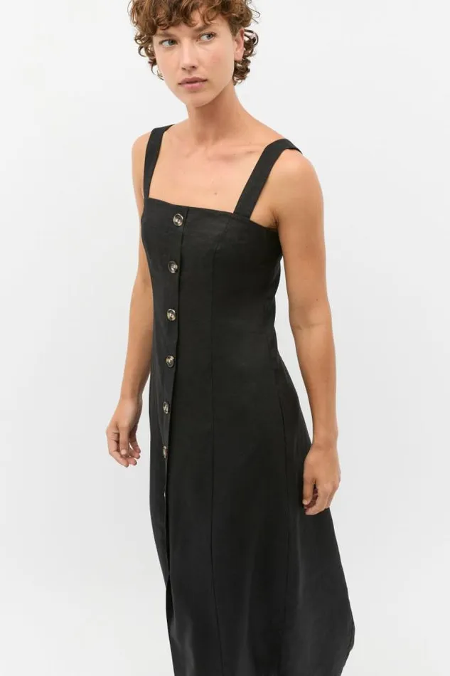 Women Linen Seed Heritage Linen Square Neck Button Midi Dress Black