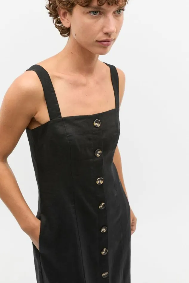 Women Linen Seed Heritage Linen Square Neck Button Midi Dress Black