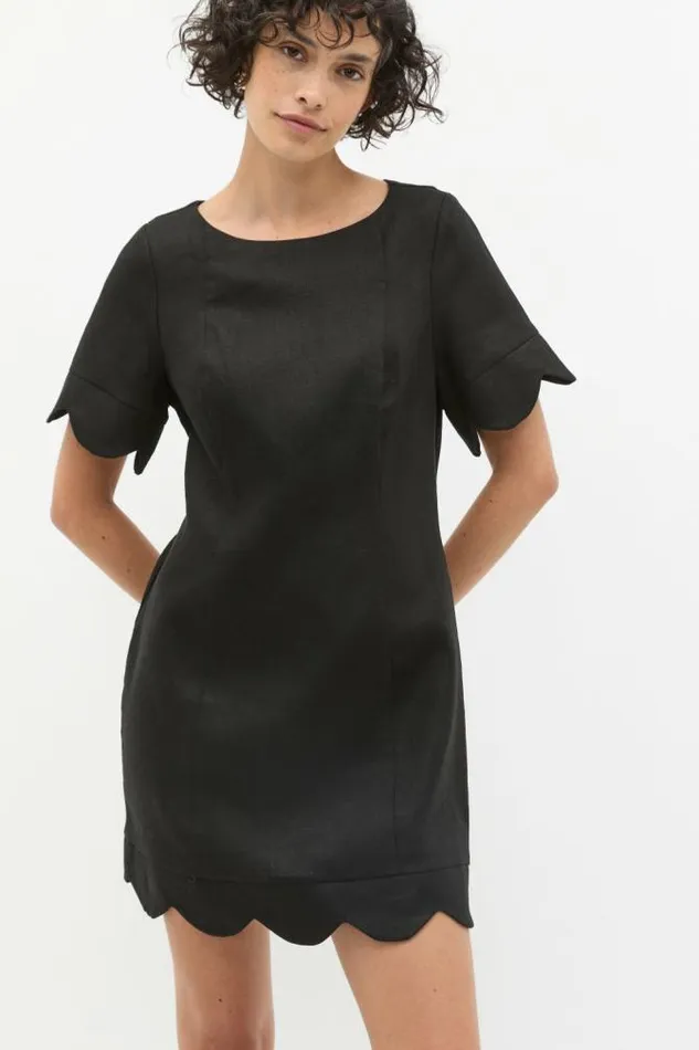 Women Linen Seed Heritage Scallop Hem Dress Black