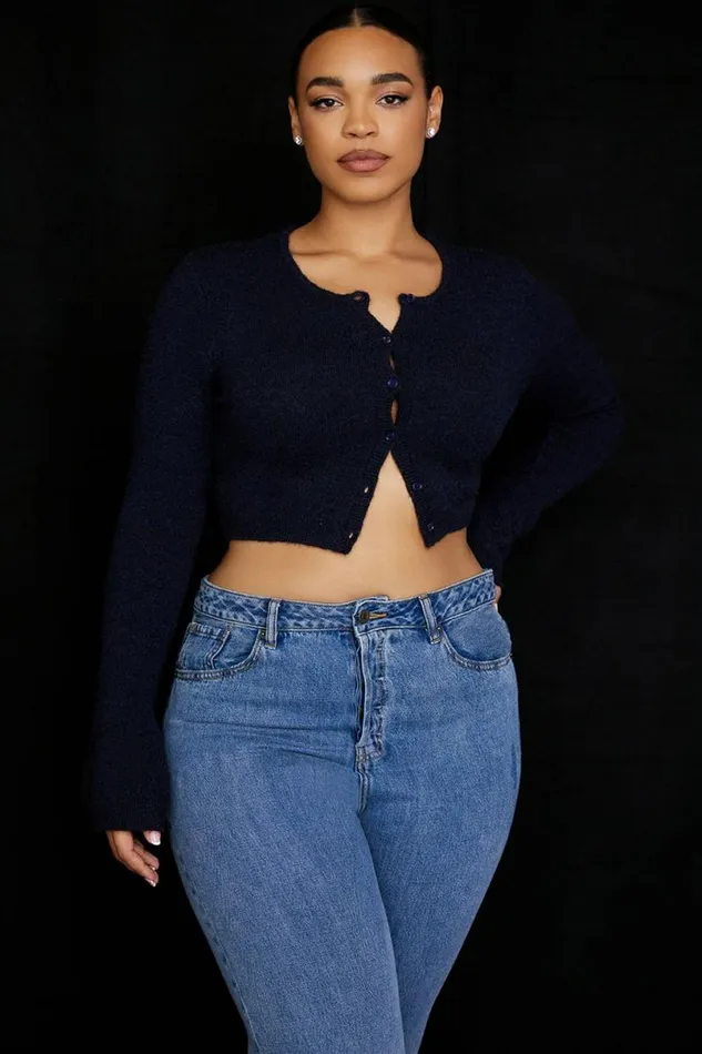 Women Lulie Navy Fluffy Knit Cropped Cardigan House Of CB Tops