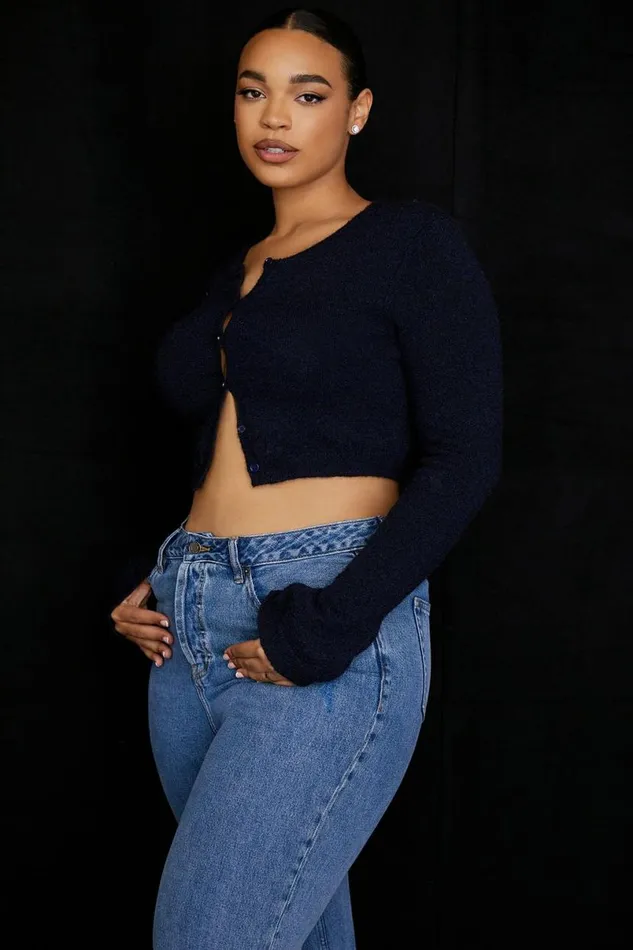 Women Lulie Navy Fluffy Knit Cropped Cardigan House Of CB Tops