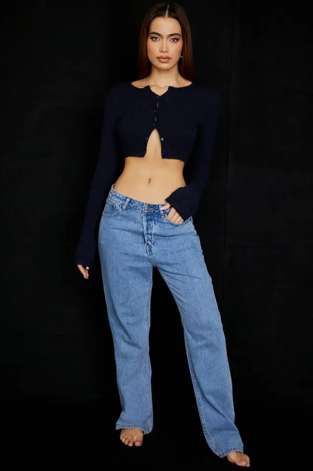 Women Lulie Navy Fluffy Knit Cropped Cardigan House Of CB Tops