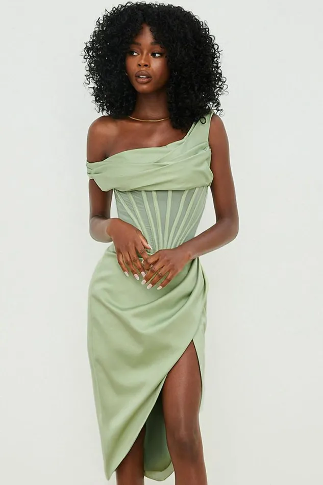 Women Lulu Pistachio Asymmetric Drape Midi Corset Dress House Of CB Dresses
