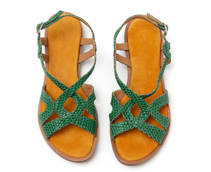 Women Medium Heel Audley Shoes Flat Leather Sandal Hayley Green
