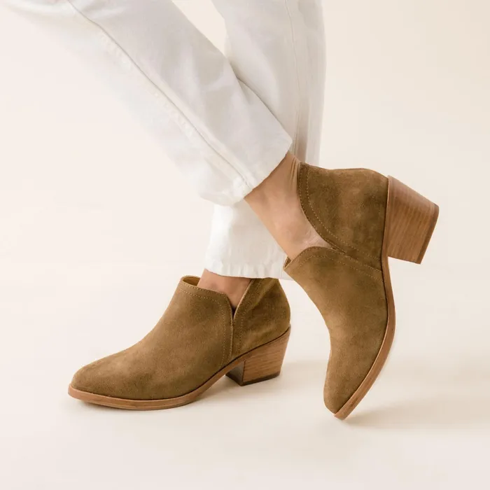 Women Mia Everyday Ankle Bootie Taupe Suede Nisolo Heels