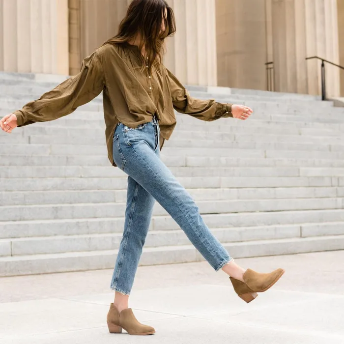 Women Mia Everyday Ankle Bootie Taupe Suede Nisolo Heels