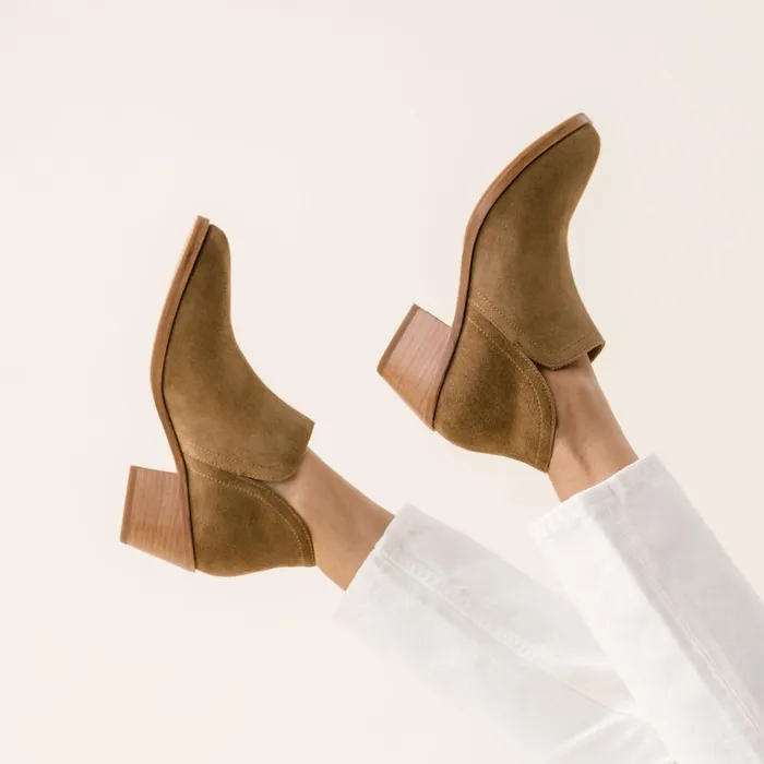 Women Mia Everyday Ankle Bootie Taupe Suede Nisolo Heels