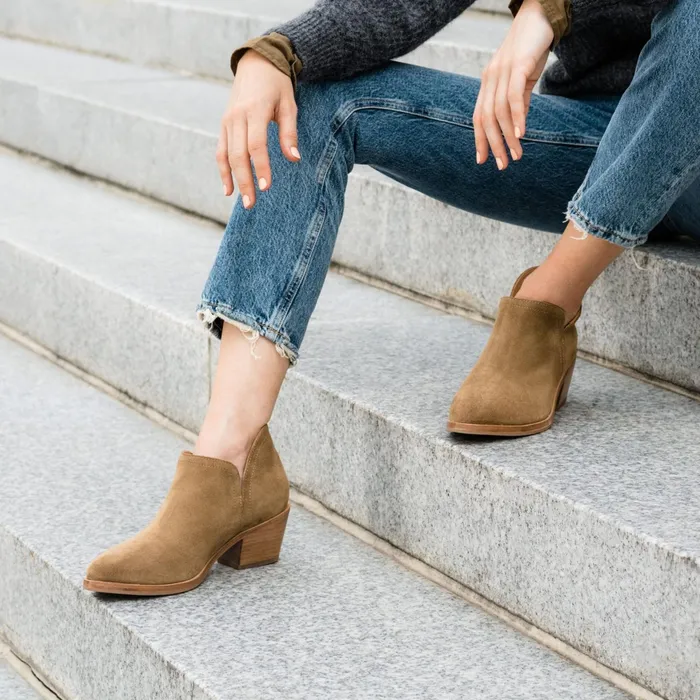 Women Mia Everyday Ankle Bootie Taupe Suede Nisolo Heels