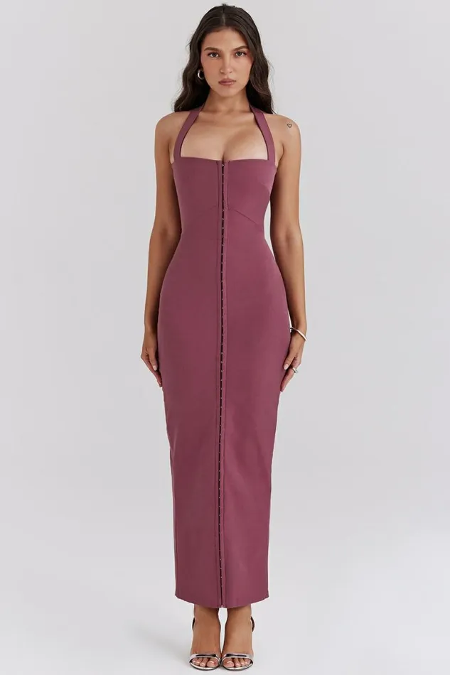 Women Mia Mulberry Twill Halter Maxi Dress House Of CB Dresses