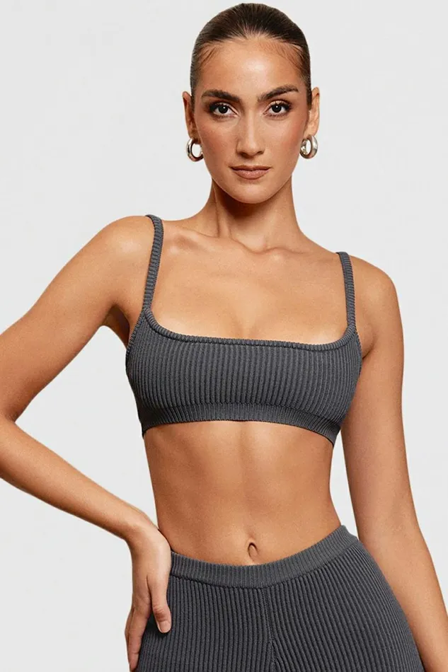Women Mischa Dark Grey Ribbed Knit Bralette House Of CB Tops