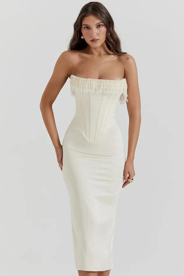 Women Nalita Vintage Cream Embellished Strapless Dress House Of CB Dresses