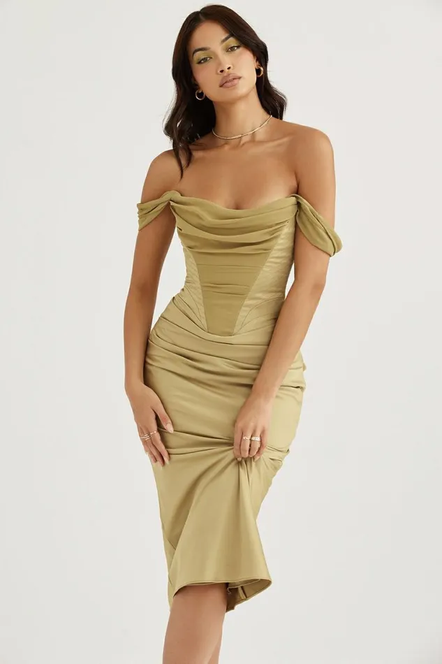 Women Natalya Olive Satin Corset Midi Dress House Of CB Dresses