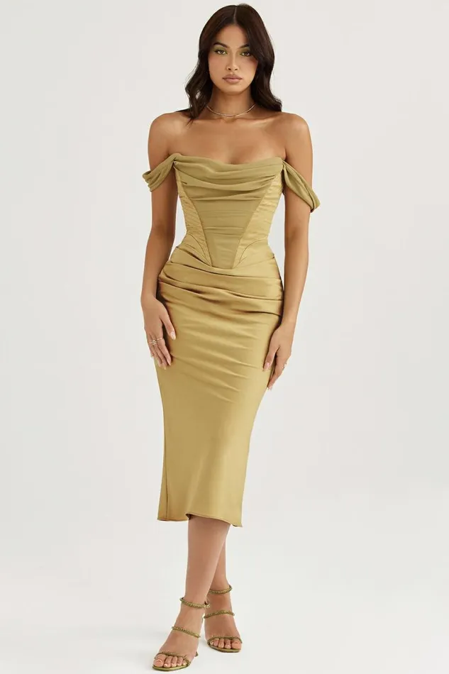 Women Natalya Olive Satin Corset Midi Dress House Of CB Dresses Women Natalya Olive Satin Corset Midi Dress House Of CB Dresses