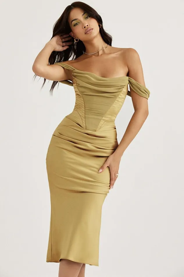Women Natalya Olive Satin Corset Midi Dress House Of CB Dresses Women Natalya Olive Satin Corset Midi Dress House Of CB Dresses