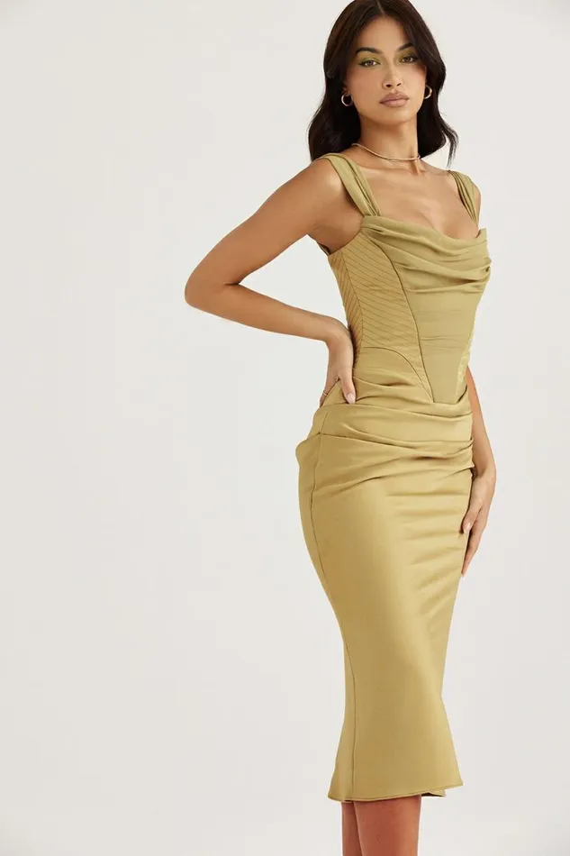 Women Natalya Olive Satin Corset Midi Dress House Of CB Dresses Women Natalya Olive Satin Corset Midi Dress House Of CB Dresses