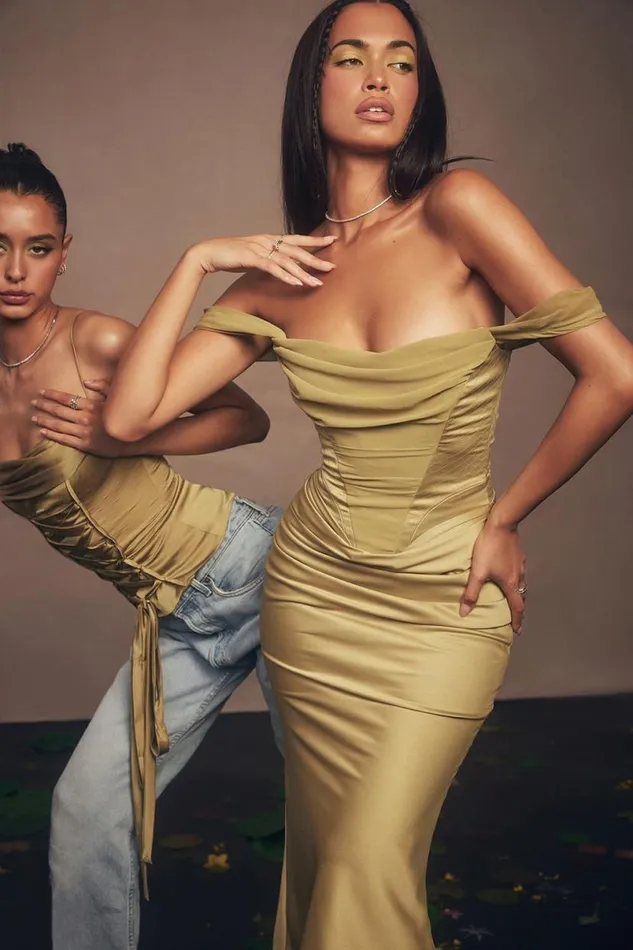 Women Natalya Olive Satin Corset Midi Dress House Of CB Dresses Women Natalya Olive Satin Corset Midi Dress House Of CB Dresses