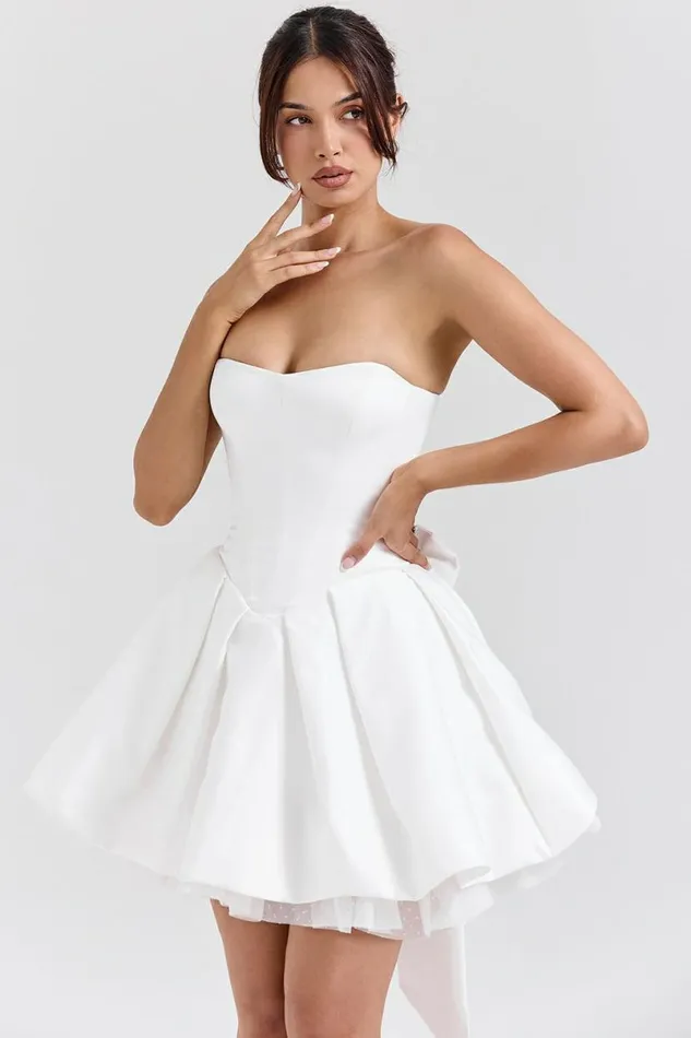 Women Noele White Satin Strapless Bow Mini Gown House Of CB Dresses