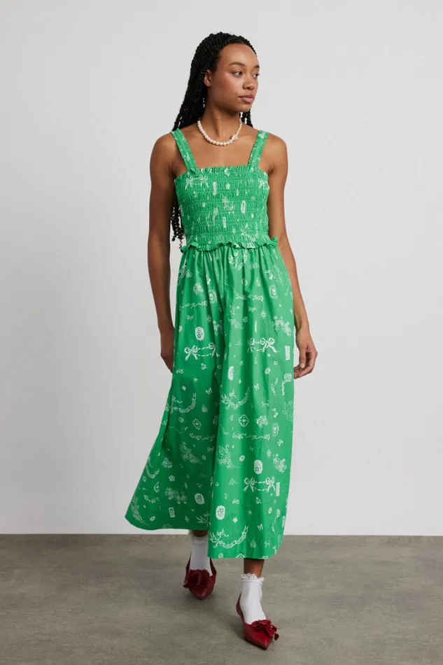 Women Occasion Wear Damson Madder Keira Shirred Midi Dress 8211 Green Symbol Print