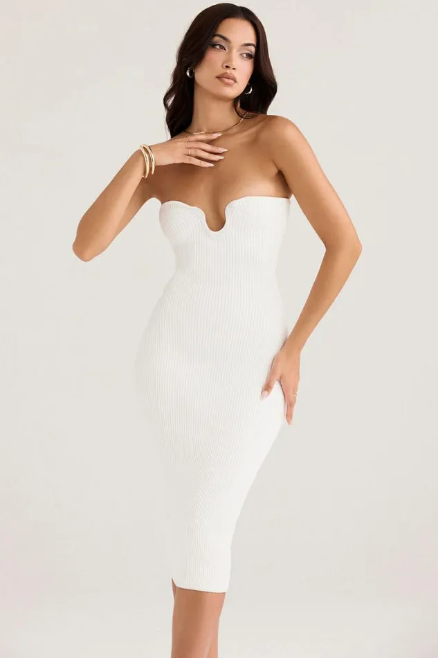 Women Oriana White Ribbed Knit Strapless Midi Dress House Of CB Dresses