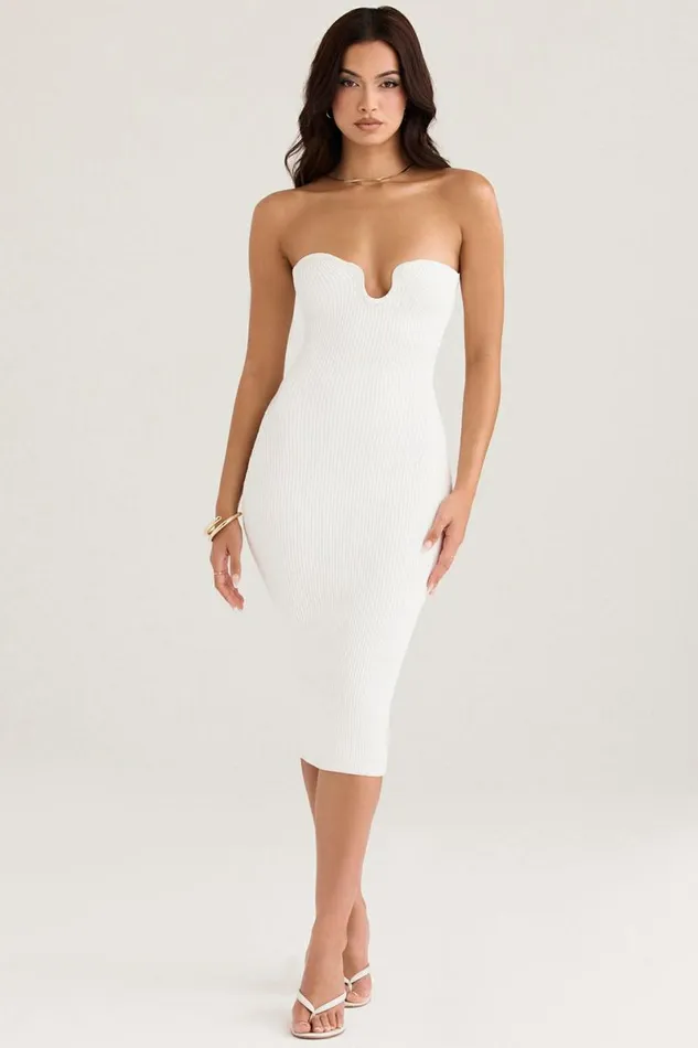 Women Oriana White Ribbed Knit Strapless Midi Dress House Of CB Dresses Women Oriana White Ribbed Knit Strapless Midi Dress House Of CB Dresses
