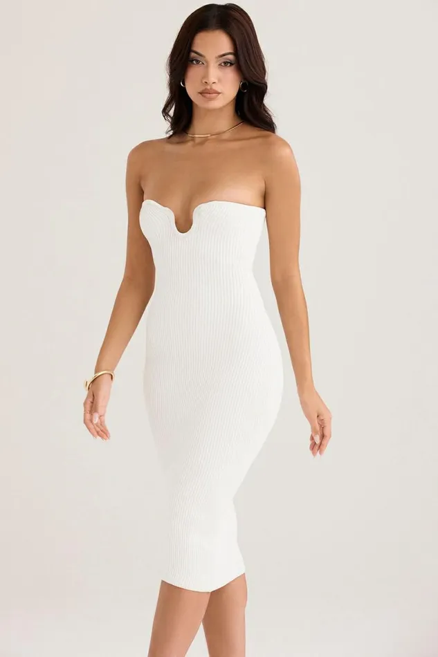 Women Oriana White Ribbed Knit Strapless Midi Dress House Of CB Dresses Women Oriana White Ribbed Knit Strapless Midi Dress House Of CB Dresses