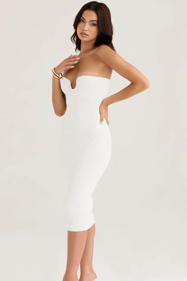 Women Oriana White Ribbed Knit Strapless Midi Dress House Of CB Dresses Women Oriana White Ribbed Knit Strapless Midi Dress House Of CB Dresses