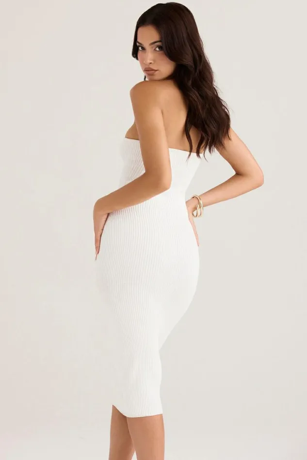 Women Oriana White Ribbed Knit Strapless Midi Dress House Of CB Dresses Women Oriana White Ribbed Knit Strapless Midi Dress House Of CB Dresses