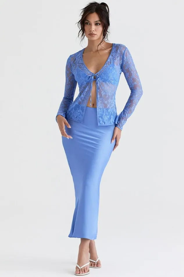 Women Phoebe Blue Lace Tie Front Top House Of CB Tops