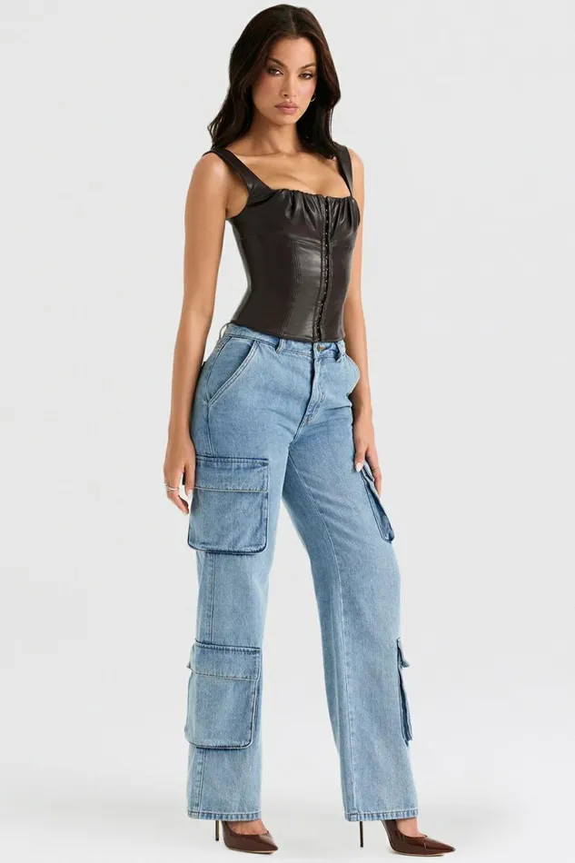 Women Ria Blue Washed Utility Jeans House Of CB Bottoms