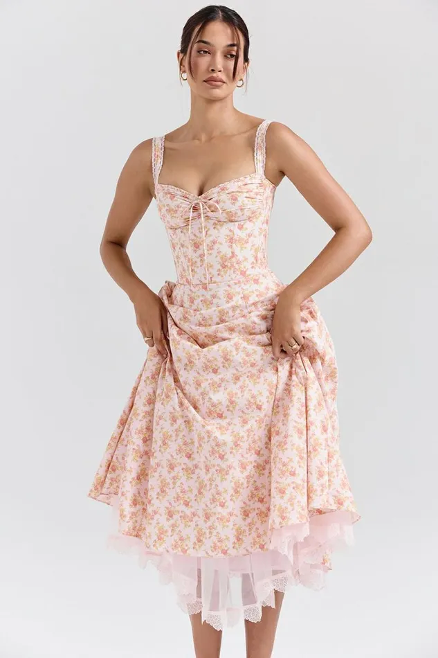 Women Rosalee Peach Poppy Print Cotton Bustier Sundress House Of CB Dresses
