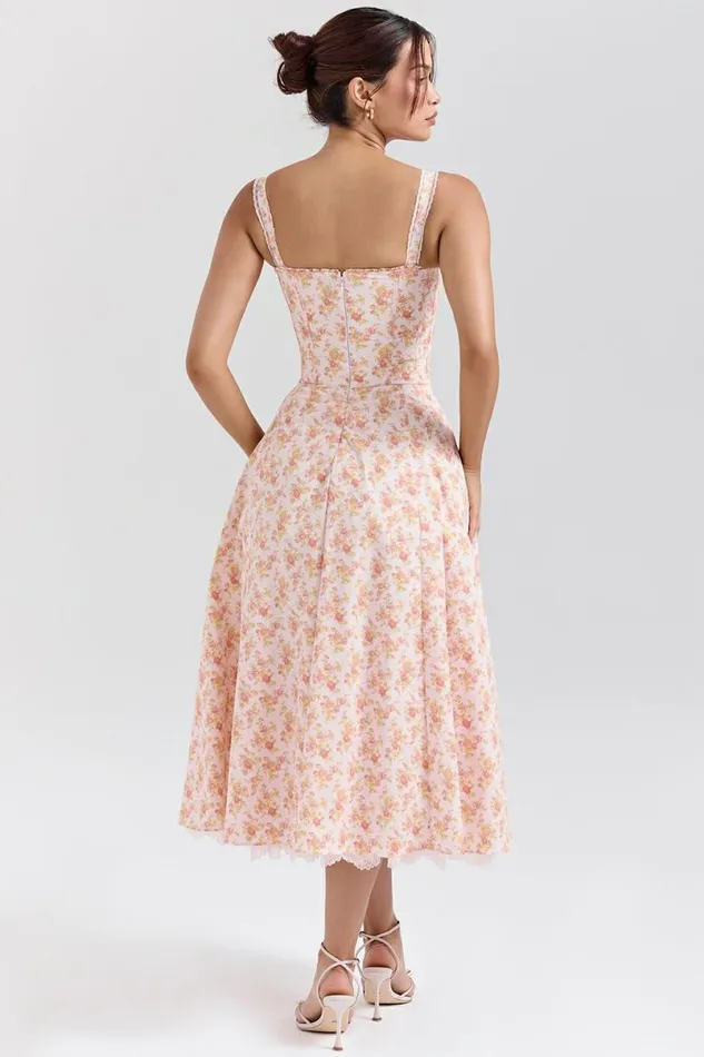 Women Rosalee Peach Poppy Print Cotton Bustier Sundress House Of CB Dresses