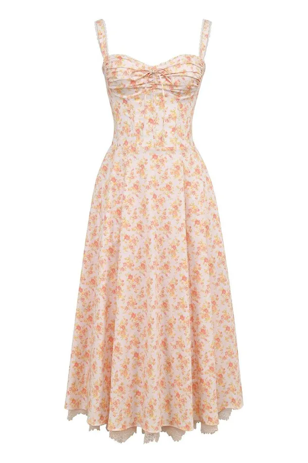 Women Rosalee Peach Poppy Print Cotton Bustier Sundress House Of CB Dresses
