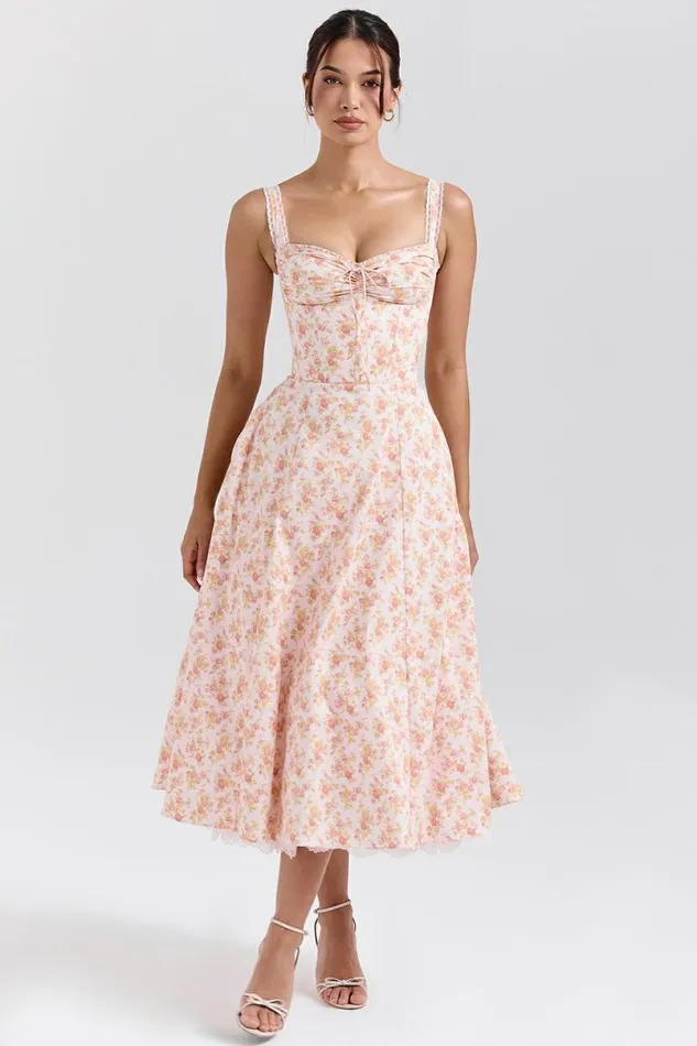 Women Rosalee Peach Poppy Print Cotton Bustier Sundress House Of CB Dresses