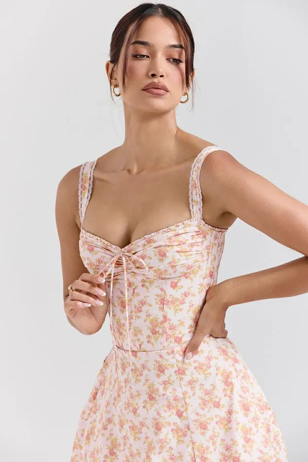 Women Rosalee Peach Poppy Print Cotton Bustier Sundress House Of CB Dresses