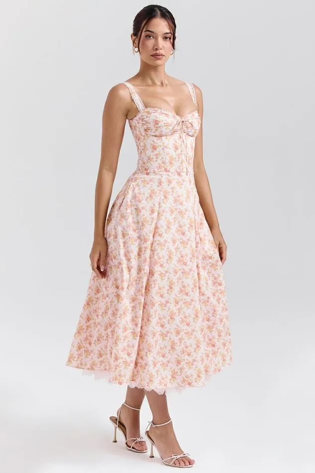 Women Rosalee Peach Poppy Print Cotton Bustier Sundress House Of CB Dresses