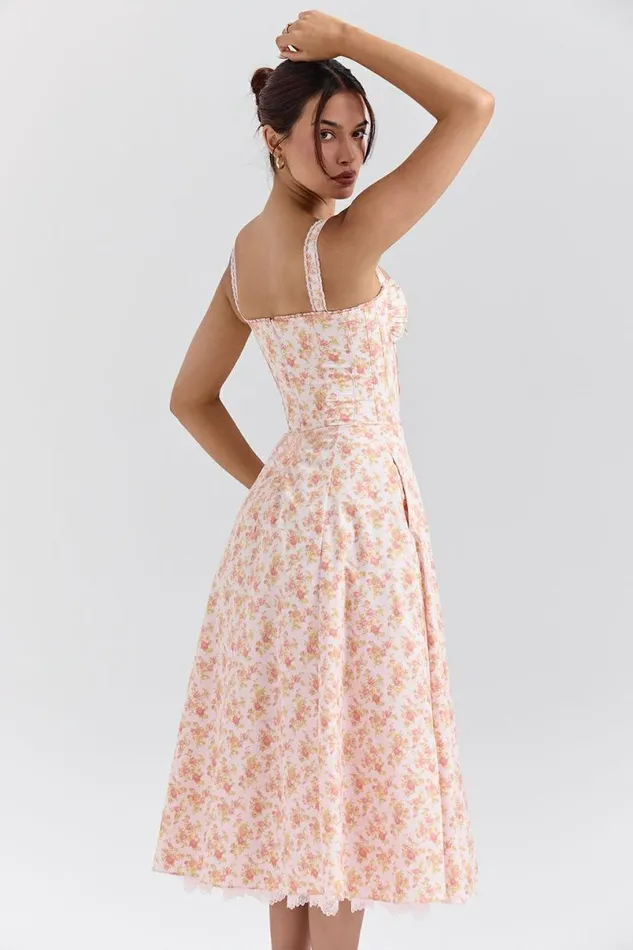 Women Rosalee Peach Poppy Print Cotton Bustier Sundress House Of CB Dresses