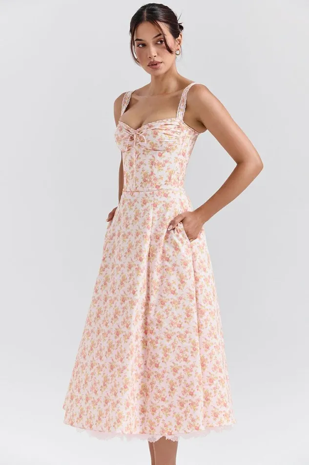 Women Rosalee Peach Poppy Print Cotton Bustier Sundress House Of CB Dresses