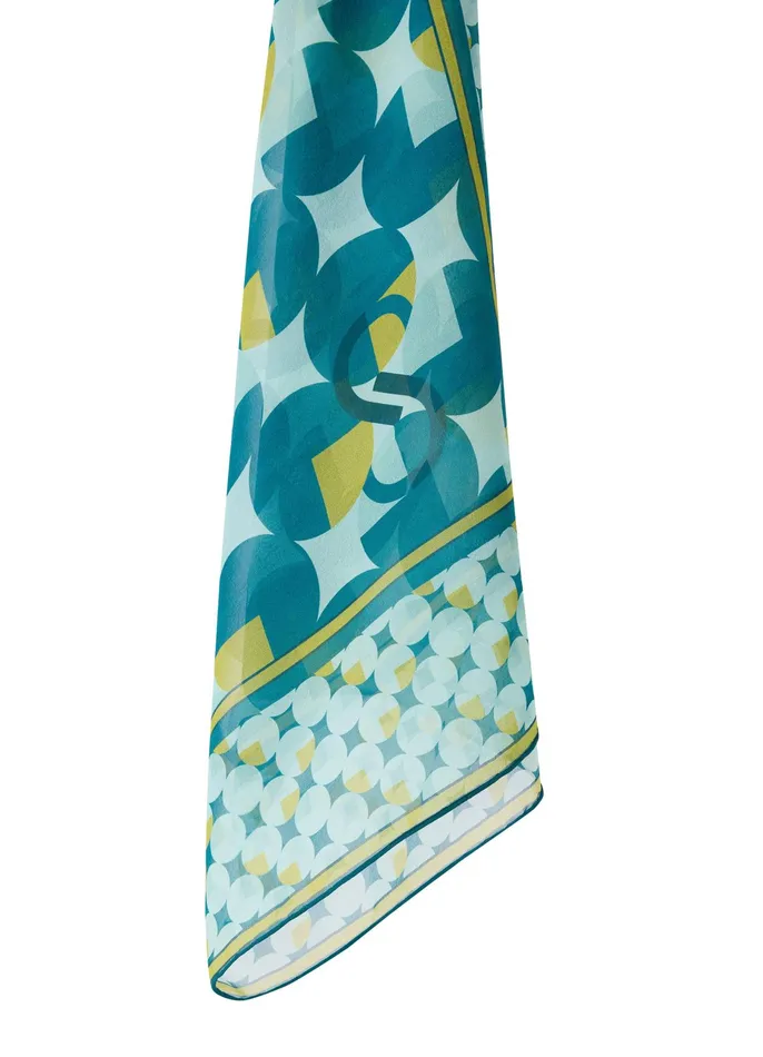 Women Scarves St John SJ Logo Geo Silk Twill Scarf Dark Teal Multi