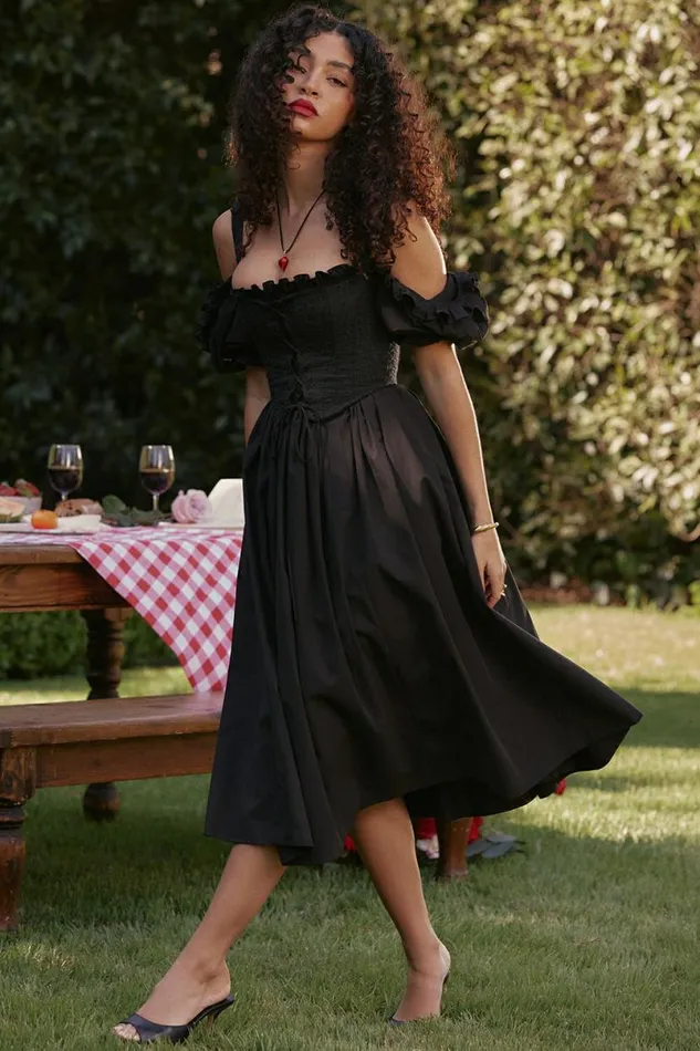 Women Silvana Black Puff Sleeve Midi Sundress House Of CB Dresses