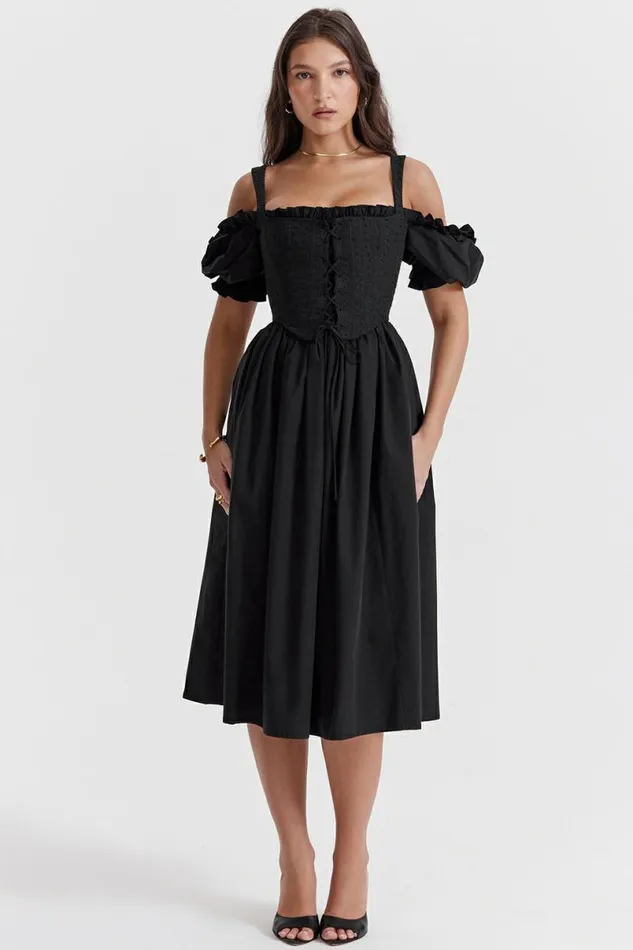 Women Silvana Black Puff Sleeve Midi Sundress House Of CB Dresses