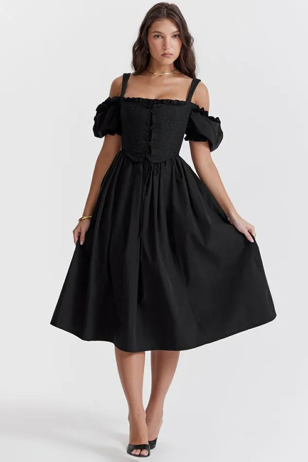 Women Silvana Black Puff Sleeve Midi Sundress House Of CB Dresses
