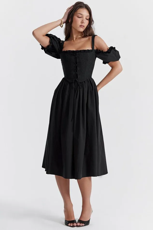 Women Silvana Black Puff Sleeve Midi Sundress House Of CB Dresses