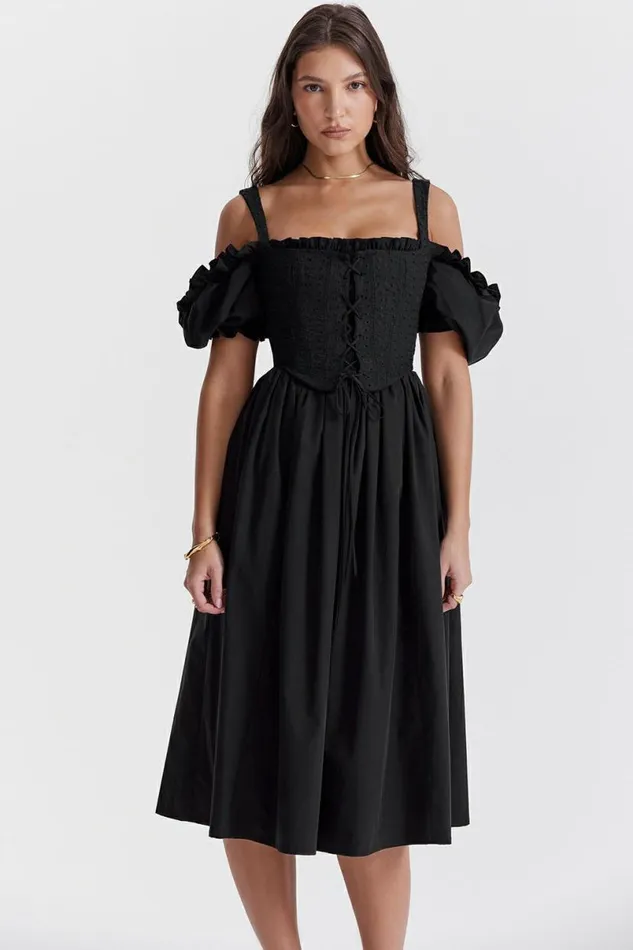 Women Silvana Black Puff Sleeve Midi Sundress House Of CB Dresses