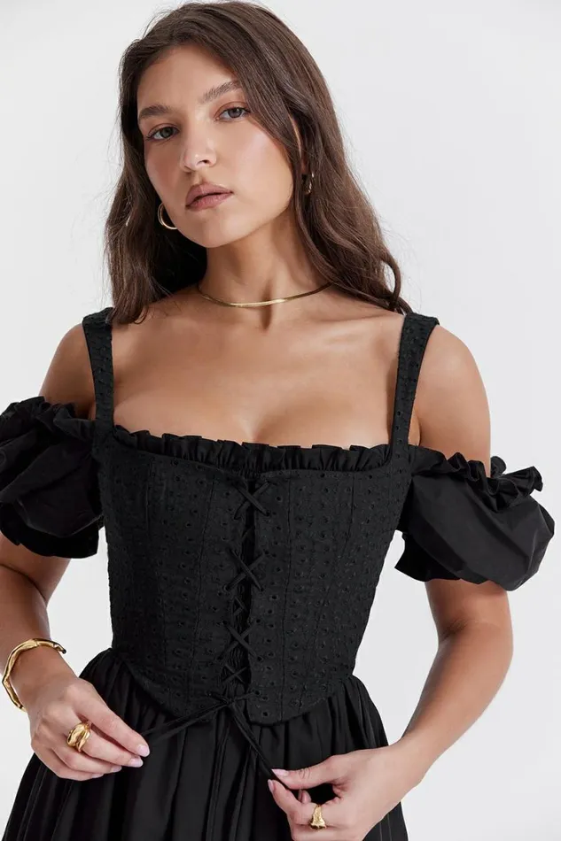 Women Silvana Black Puff Sleeve Midi Sundress House Of CB Dresses